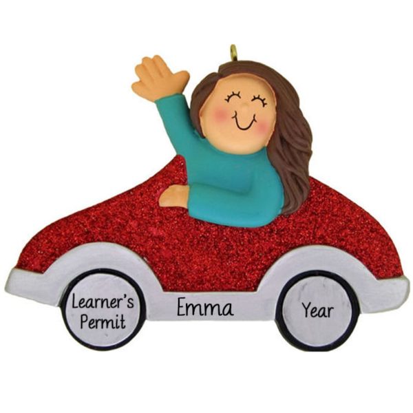 Learner's Permit GIRL Red Glittered Car Ornament BRUNETTE