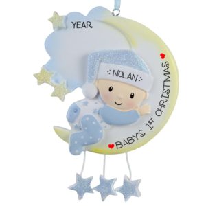 Baby BOY On Moon 1st Christmas Dangling Stars Ornament