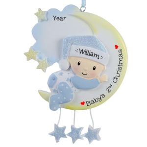 Image of Baby BOY's 2nd Christmas Moon Dangling Stars Ornament