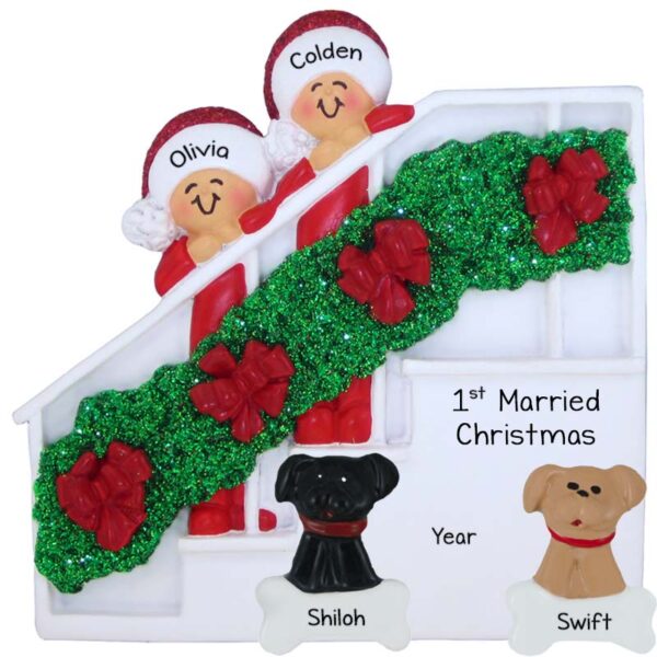 First Married Christmas Couple With 2 Dogs Bannister Ornament