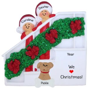 Couple With Dog On Christmas Stairs Ornament