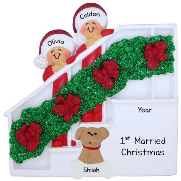 Image of First Married Christmas Couple & Dog Christmas Stairs Ornament
