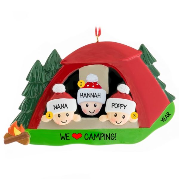 Grandparents + 1 Grandkid Camping In Red Tent Ornament