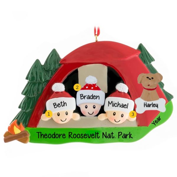Camping Family Of 3 + Dog In RED Tent Ornament