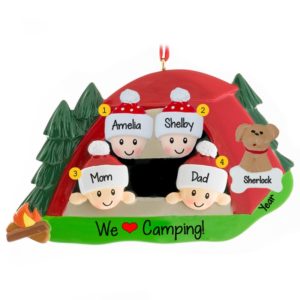 Camping Family Of 4 + Dog In RED Tent Ornament