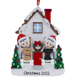 Couple With 2 Dogs Christmasy House Ornament