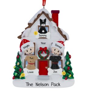 Couple With 3 Dogs Christmasy House Ornament
