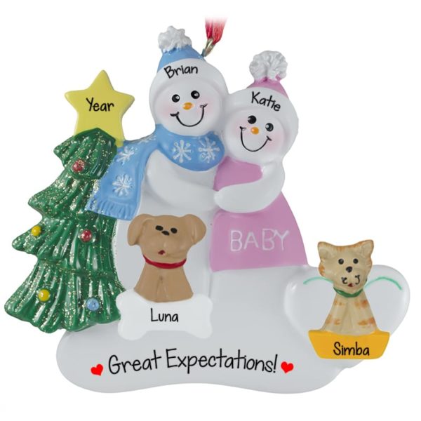 Pregnant Snow Couple With Cat And Dog Ornament PINK Dress