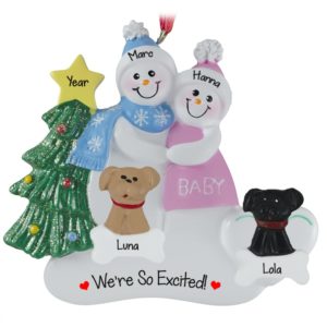Image of Pregnant Snow Couple With 2 Dogs Ornament PINK Dress