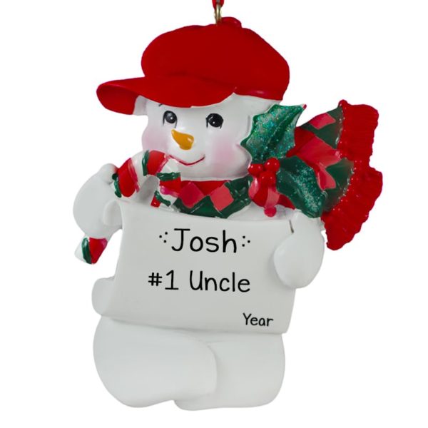 Number 1 Uncle Snowman With Glittered Holly Leaves Ornament