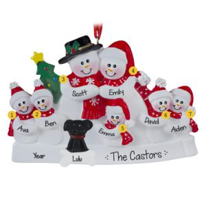 Image of Snow Family Of 7 With Red Scarves + Dog Ornament