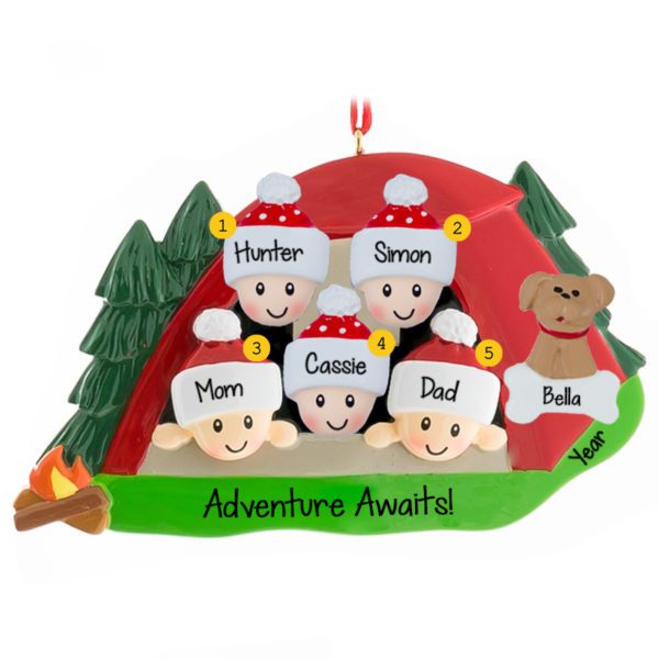 Camping Family Of 5 + Dog RED Tent Ornament