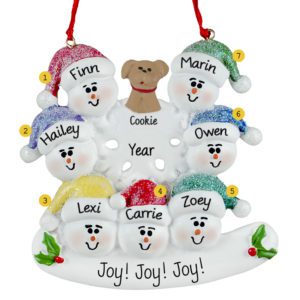 Seven Grandkids + Dog Snowmen Around Flake Ornament
