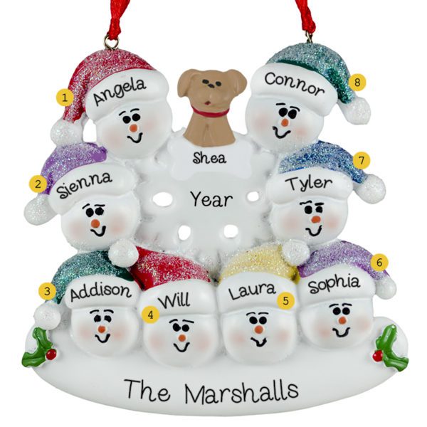 Eight Grandkids + Dog Snowmen Around Flake Ornament