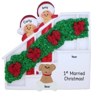 Gay / Lesbian 1st Married Christmas With Dog Couple On Stairs Ornament