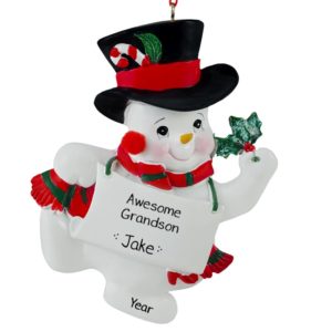 Awesome Grandson Snowman Holding Glittered Holly Ornament