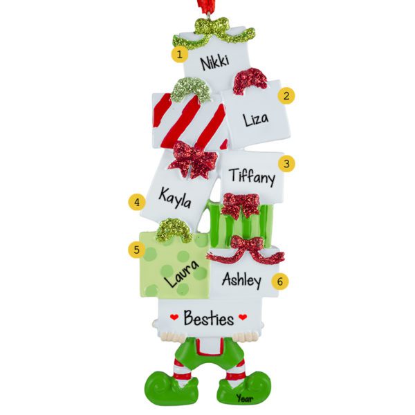 Six Best Friends Elf Holding Packages Ornament