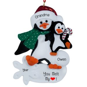 New Grandma / Grandpa With Small Child Penguins Glittered Ornament