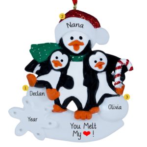 Grandma / Grandpa With 2 Kids Penguins Glittered Ornament