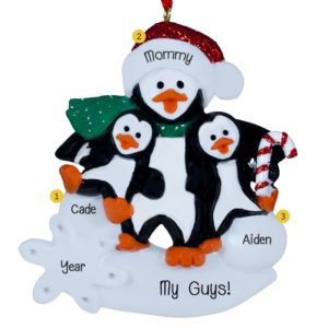 Single Mom / Dad With 2 Kids Penguins Glittered Ornament