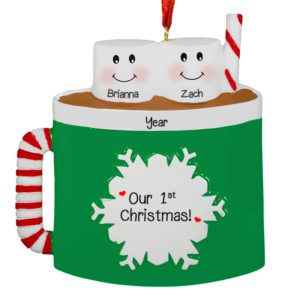 Our First Christmas Two Marshmallows GREEN Mug Ornament