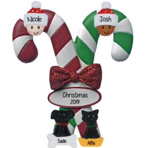 Biracial / Interracial Couple + 2 Pets On Candy Cane Personalized Ornament