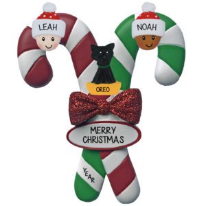Biracial / Interracial Couple With Pet On Candy Cane Personalized Ornament