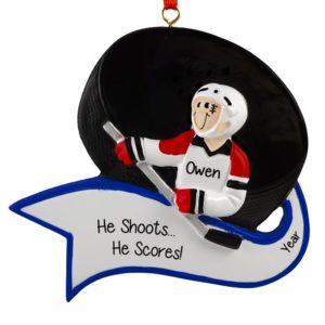 Image of Hockey Player Holding Stick Against Puck Ornament MALE