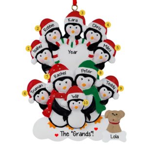 Ten Grandkids With Dog Penguin Striped Heart Ornament