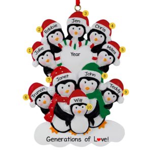 Penguin Family Of 10 Candy Striped Heart Ornament