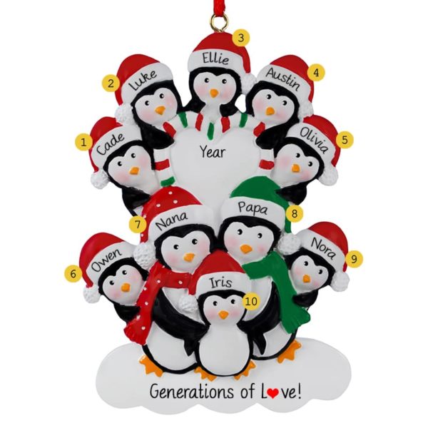 Grandparents And 8 Grandkids Penguin Striped Heart Ornament