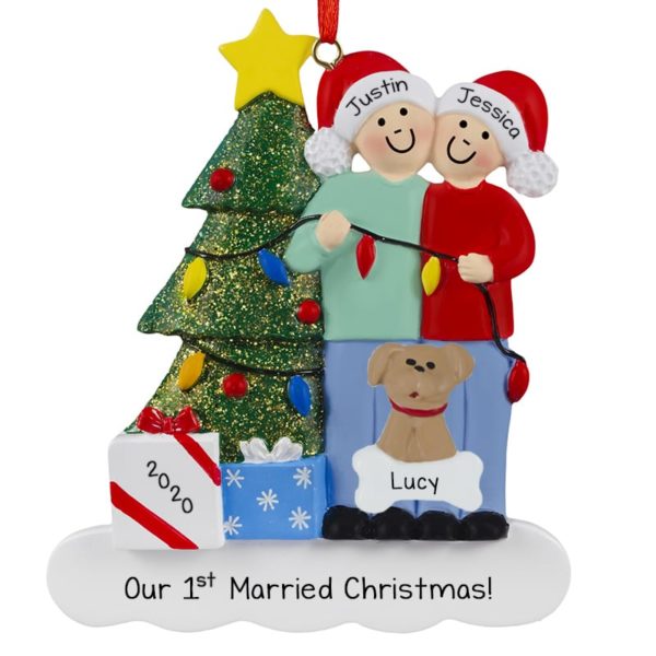 1st Married Christmas Couple With Dog Decorating Tree Ornament