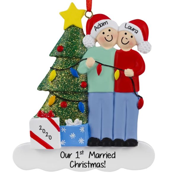Couple Wearing Santa Hats 1st Married Christmas Ornament
