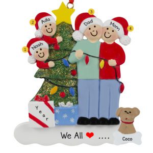 Image of Couple With 2 Kids And 1 Dog Stringing Lights Ornament