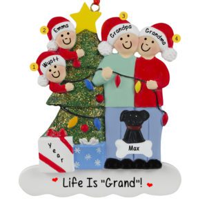 Grandparents With 2 Grandkids And 1 Dog Stringing Lights Ornament