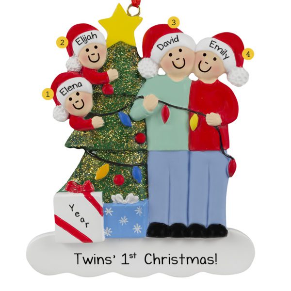 Twins' First Christmas Family Stringing Lights Ornament