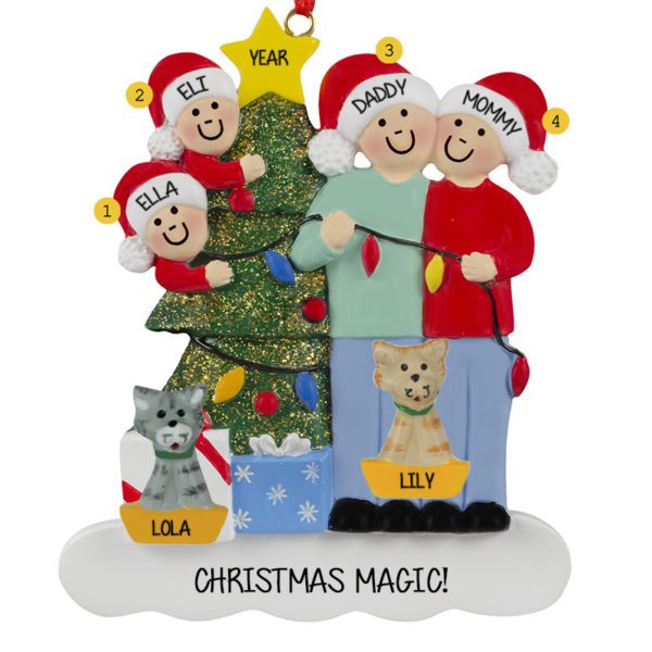 Couple With 2 Kids And 2 Cats Stringing Lights Ornament