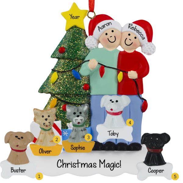Image of Couple With 5 Pets Stringing Christmas Lights Ornament