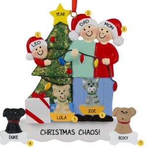 Couple With 1 Child And 4 Pets Stringing Lights Ornament