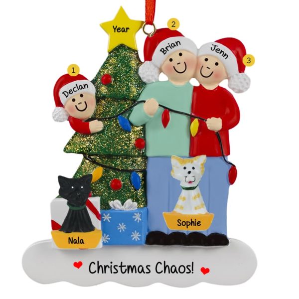 Couple With 1 Child And 2 Cats Stringing Lights Ornament