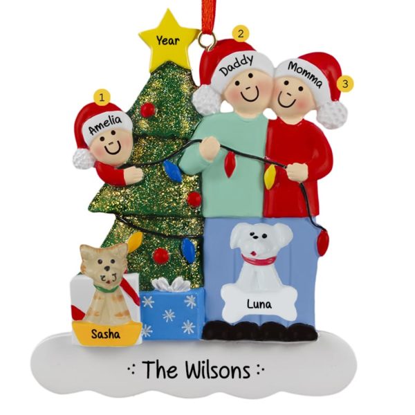 Couple With 1 Child And 2 Pets Stringing Lights Ornament