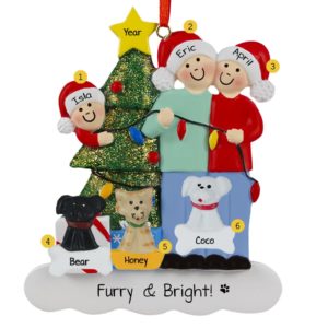 Couple With 1 Child And 3 Pets Stringing Lights Ornament