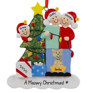 Image of Couple With 1 Child And Cat Stringing Lights Ornament