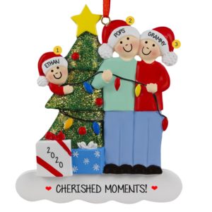 Grandparents With 1 Grandchild Stringing Christmas Lights Ornament