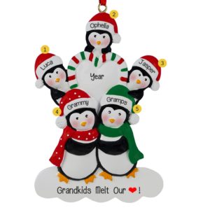 Image of Grandparents With 3 Grandkids Penguin Striped Heart Ornament