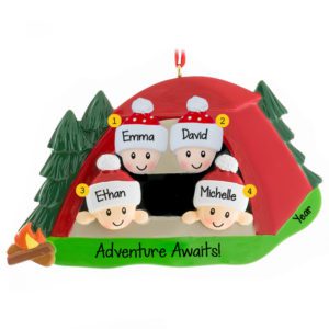 Adventure Awaits Family Of 4 RED Tent Ornament
