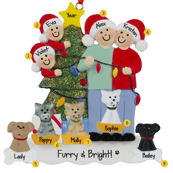 Couple With 2 Kids And 5 Pets Stringing Lights Ornament