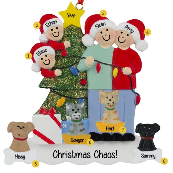 Couple With 2 Kids And 4 Pets Stringing Lights Ornament