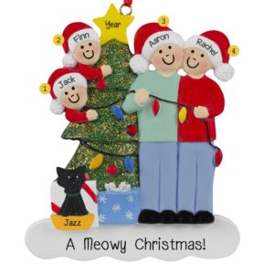 Image of Couple With 2 Kids And Cat Stringing Lights Ornament