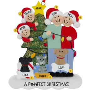 Couple With 2 Kids And 3 Pets Stringing Lights Ornament